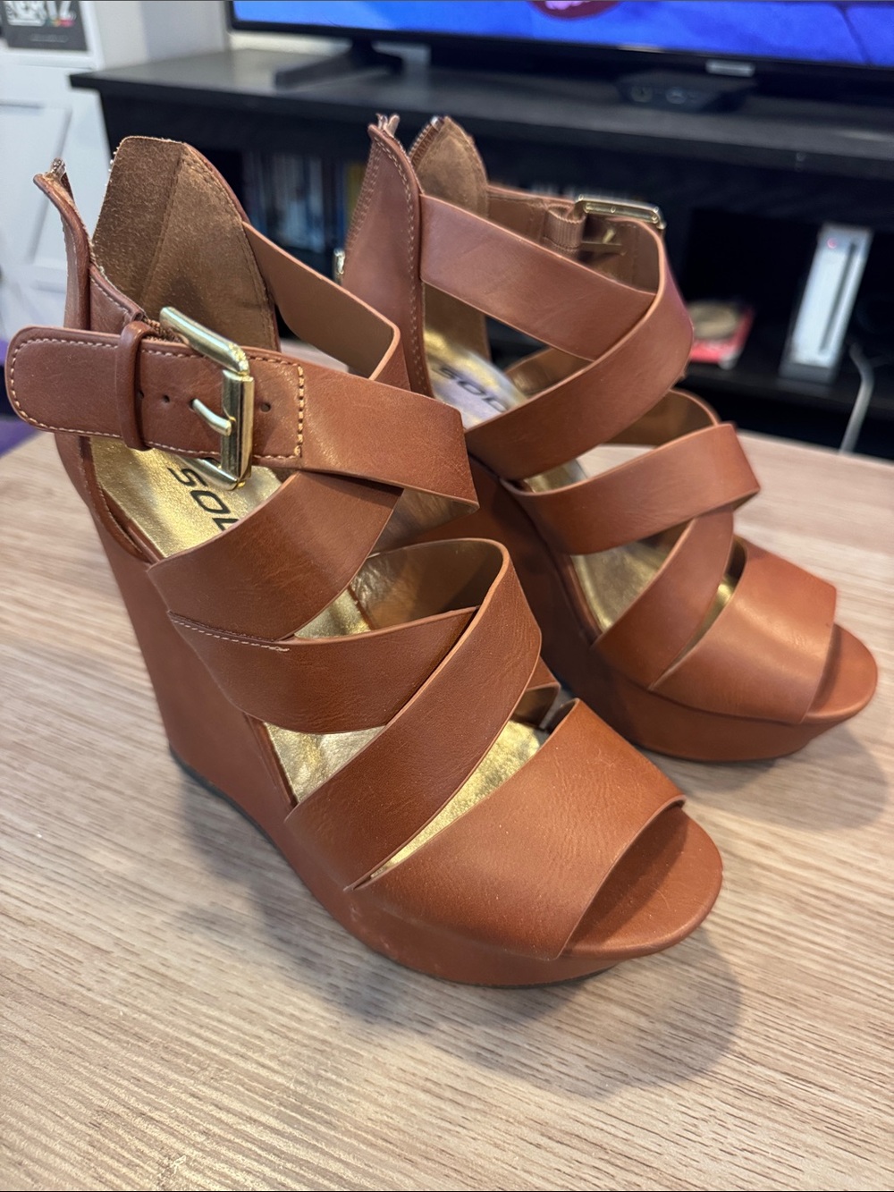 Soda Tan Strappy Platform Wedge Sandals